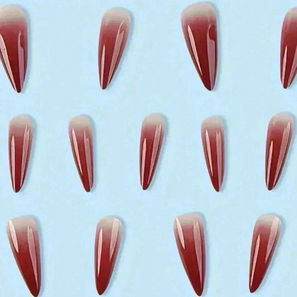 #32 24pcs Glossy Long Stiletto Press-On Nails - Wine Red Gradient with Stripe - Picture 6 of 10